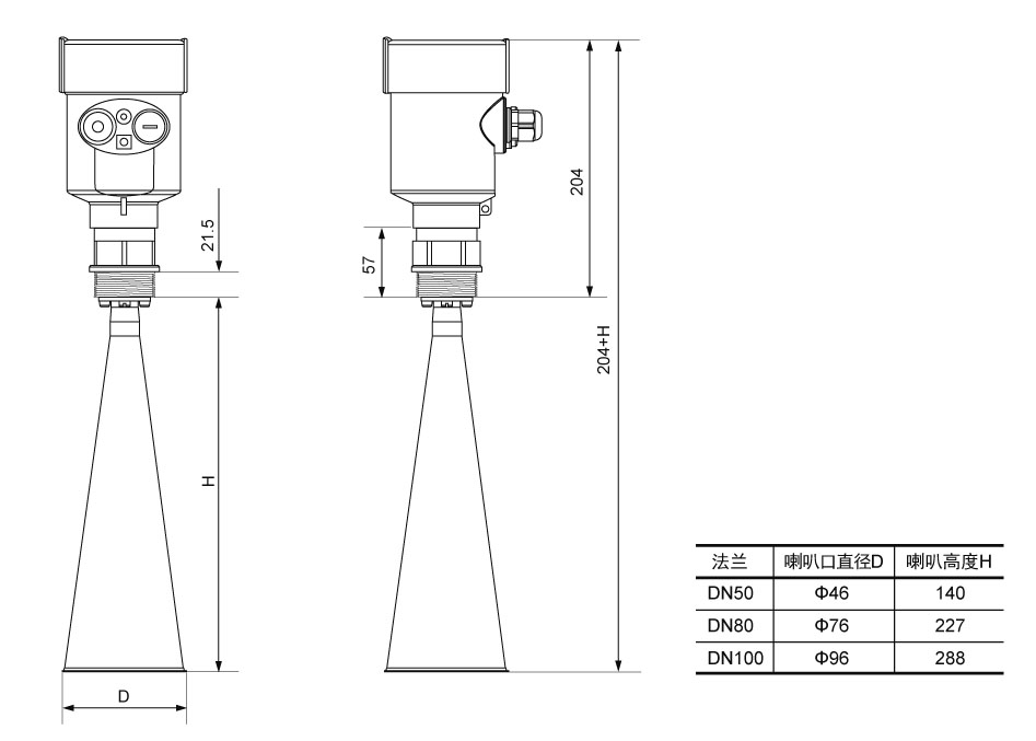 高頻雷達物位計結(jié)構(gòu)尺寸